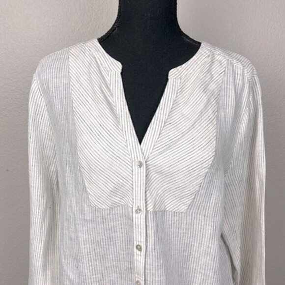 Sundance Linen Tuxedo Bib Tunic Top Stripe Long Sleeve Button-up Cream Blouse LP - Picture 2 of 8